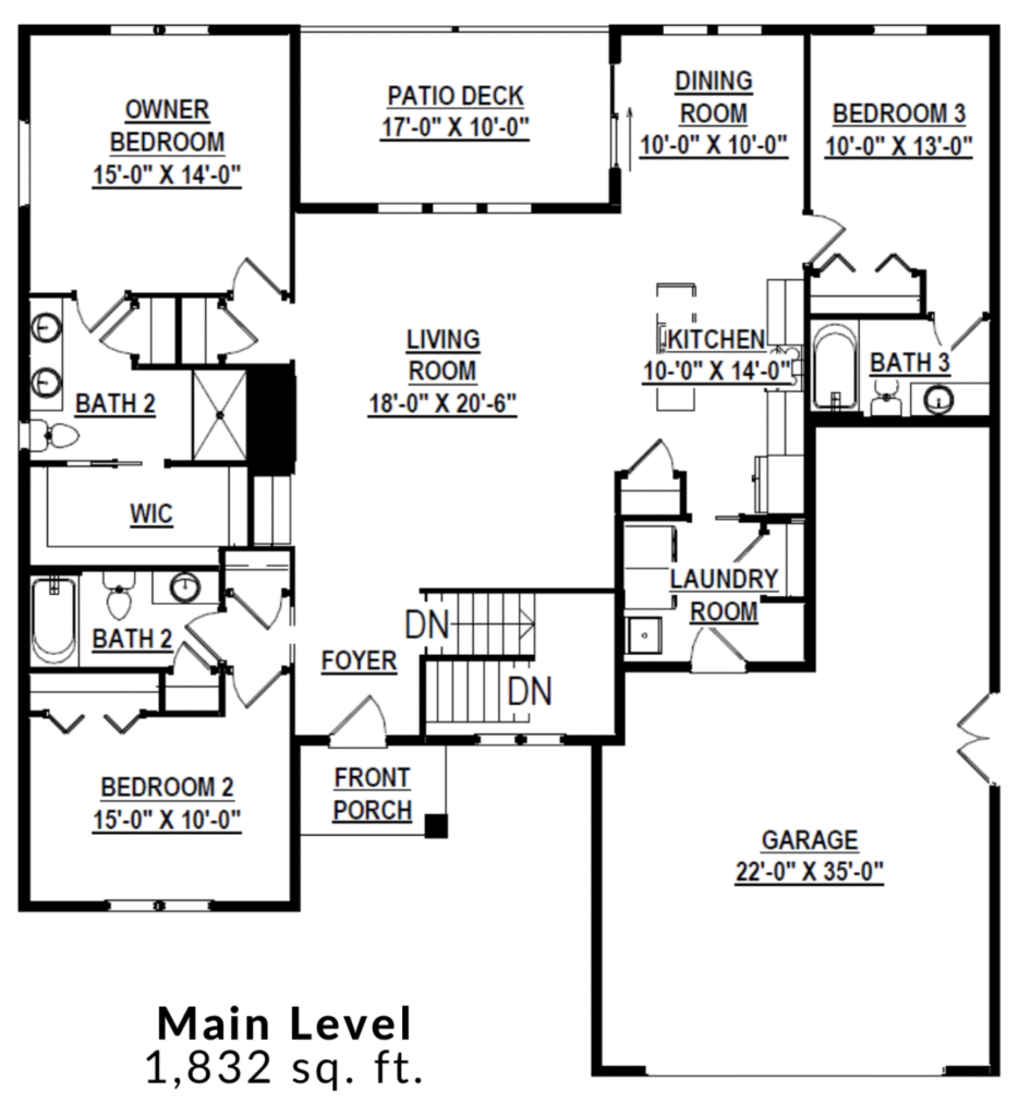 Architectural floor plan showcases a 1,832 sq ft main level with three bedrooms, living areas, bathrooms, kitchen, patio deck, and garage.