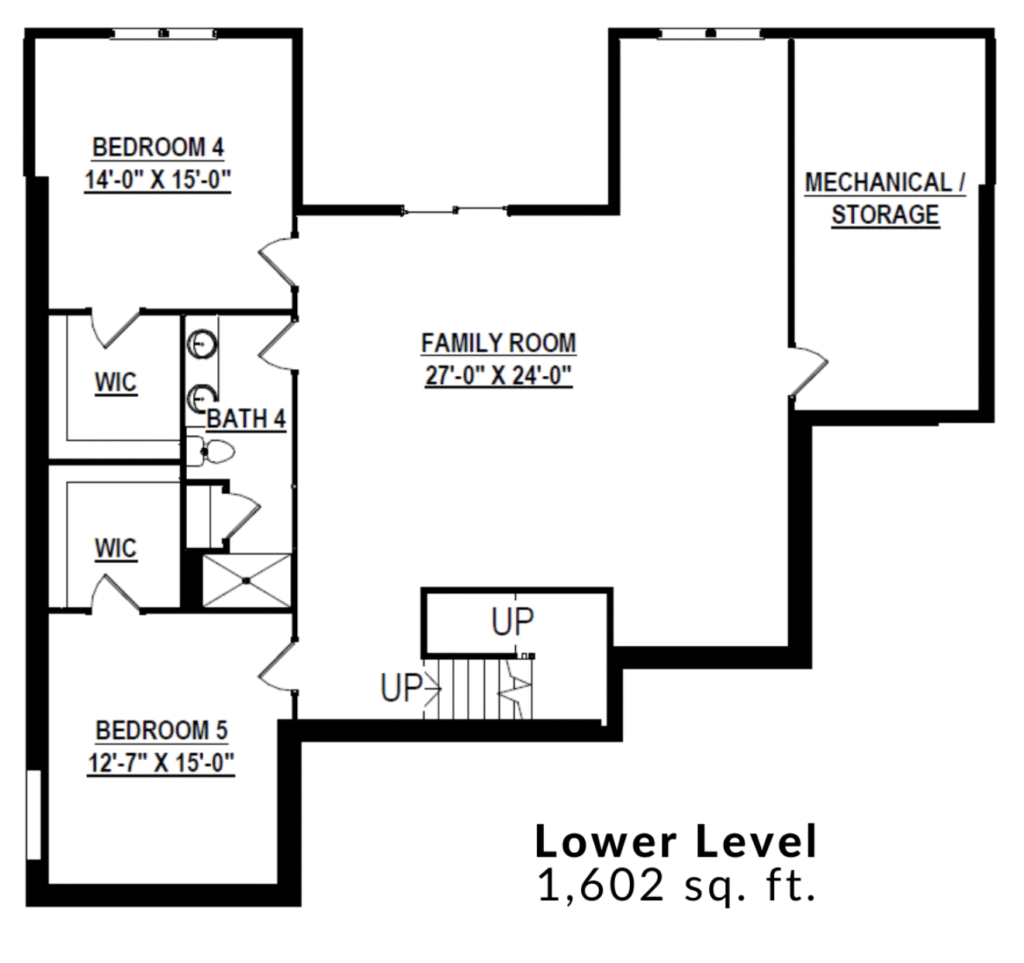 Floor plan of a lower level, 1,602 sq. ft., with two bedrooms, bathrooms, family room, mechanical/storage area, and stairs.