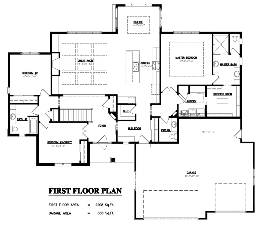A first floor plan showing bedrooms, bathrooms, kitchen, dinette, great room, laundry, mud room, garage, and study. Total area: 2208 sq.ft.
