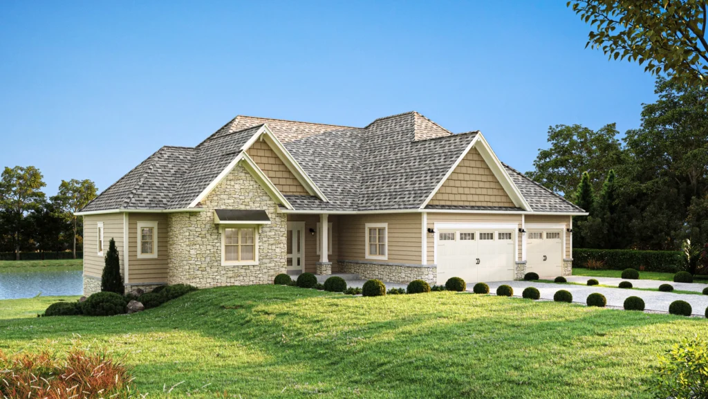 A modern house with a stone and wood exterior, surrounded by lush greenery and a small pond, under a clear blue sky.