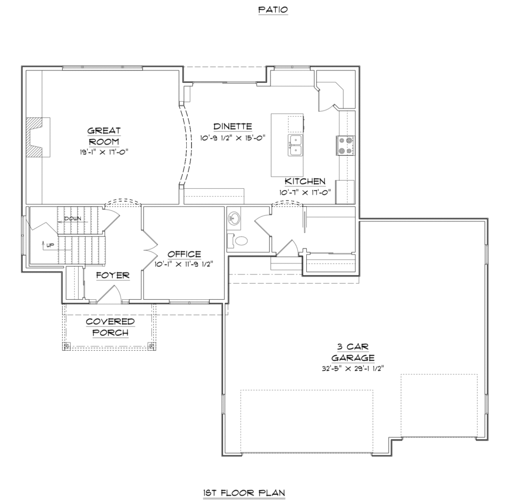 A detailed floor plan featuring a kitchen, great room, office, dinette, foyer, covered porch, and three-car garage. Adjacent patio noted above.