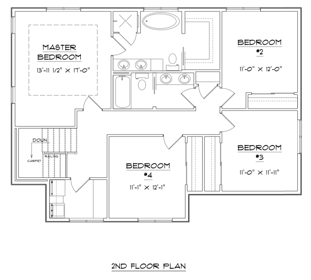 Second floor plan showing a master bedroom, three additional bedrooms, one bathroom, and a staircase. Includes dimensions for each room.