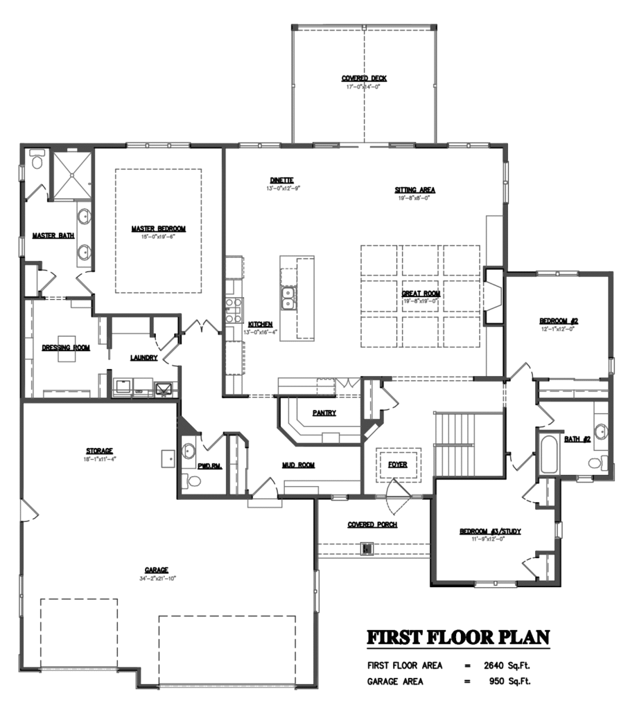 This image depicts a detailed first floor plan of a house, featuring bedrooms, a garage, living areas, pantry, and covered deck.
