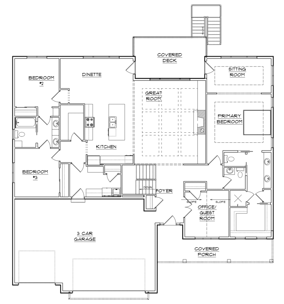 Single-story house plan featuring three bedrooms, kitchen, great room, office, covered deck and porch, sitting room, and a three-car garage.
