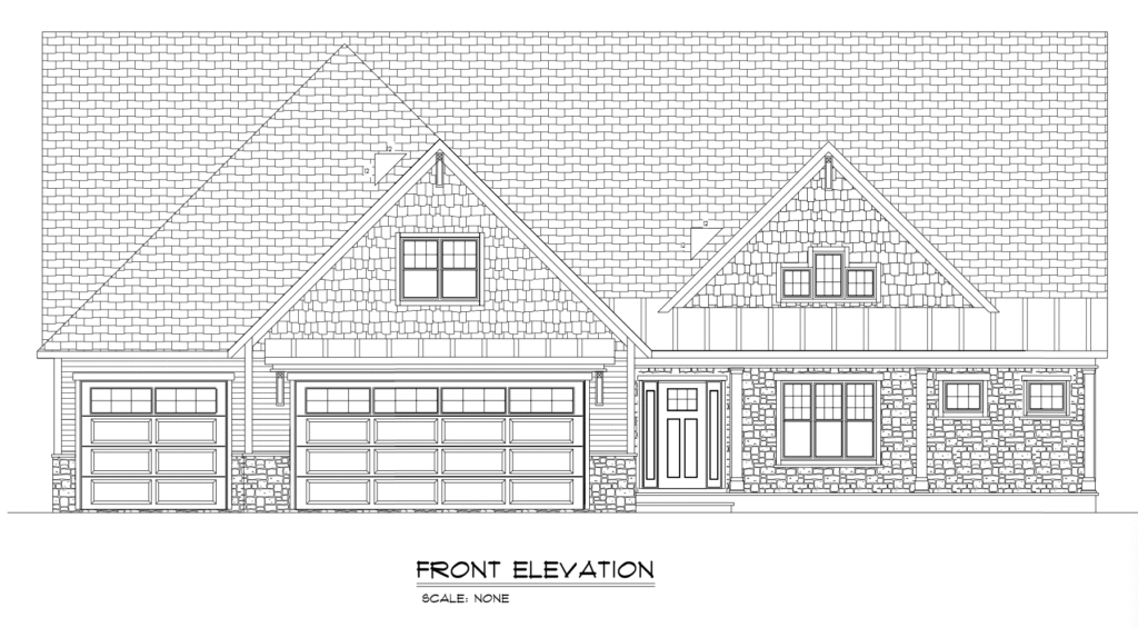 Architectural front elevation drawing of a house with stone and shingle exterior, two garages, gable roof, and multiple windows. Scale: none.