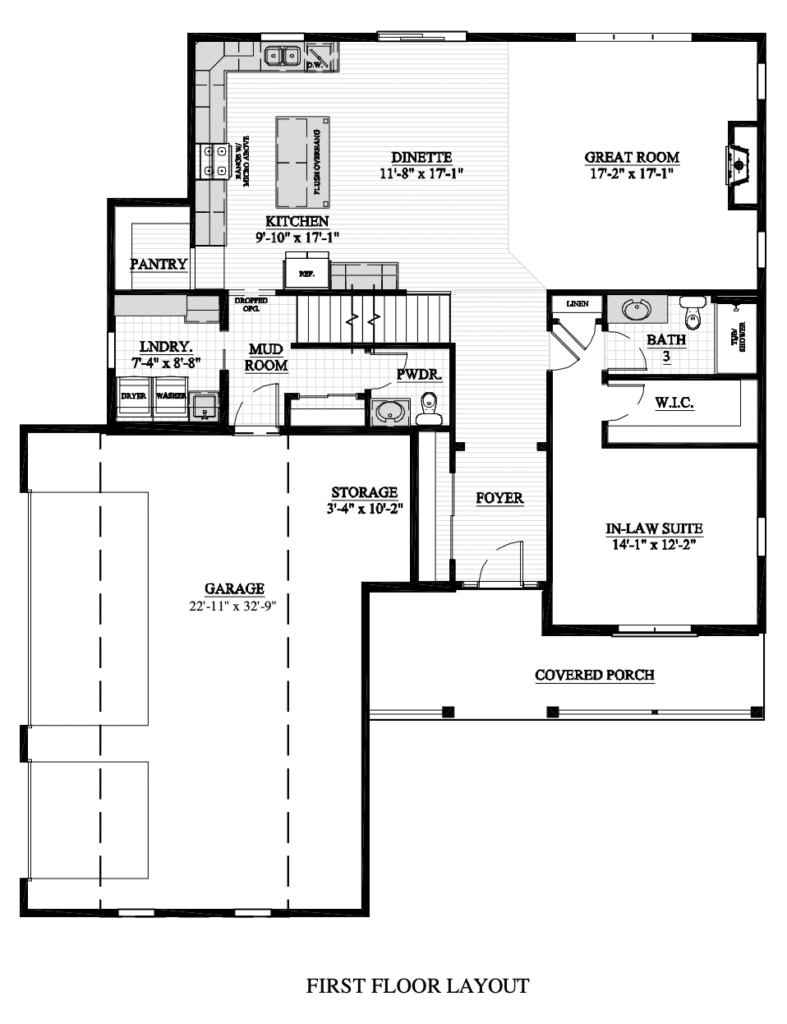 First-floor house layout with garage, kitchen, dinette, great room, mudroom, pantry, and in-law suite. Includes laundry, bathroom, storage, and foyer.