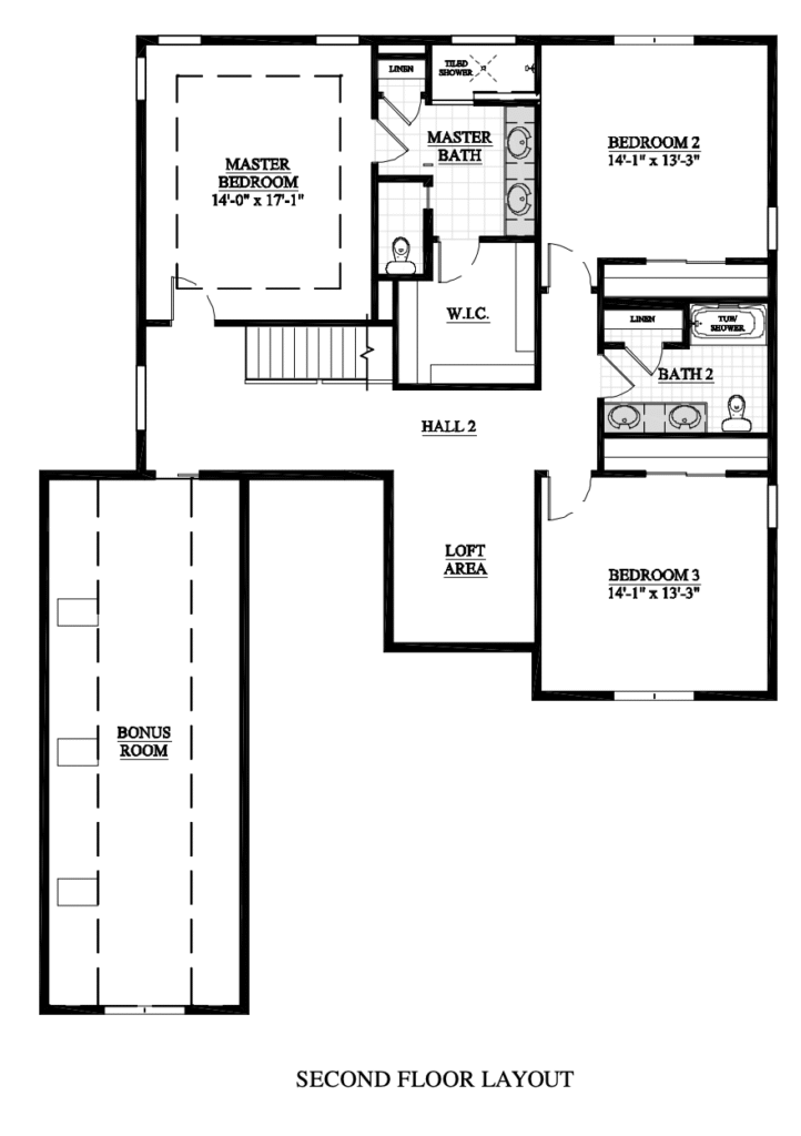 Second floor layout with master bedroom, two additional bedrooms, two bathrooms, walk-in closet, loft area, and bonus room.