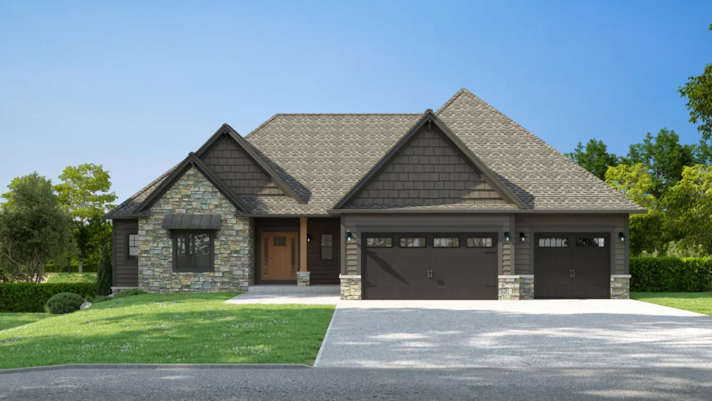 A single-story house with stonework, spacious driveway, and neatly trimmed lawn under a clear blue sky, surrounded by trees.