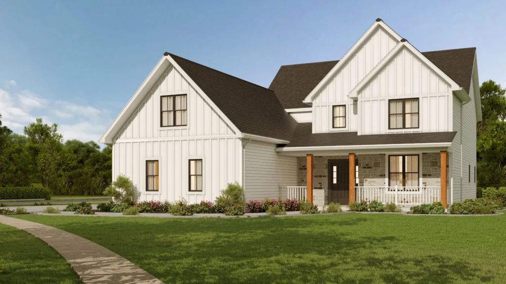 A modern farmhouse with white siding, dark roof, surrounded by lush greenery and a curved pathway, under a clear blue sky.