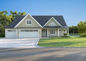 Suburban house with three-car garage, front lawn, and surrounding trees. Clear sky and a peaceful setting reflect a calm neighborhood scene.