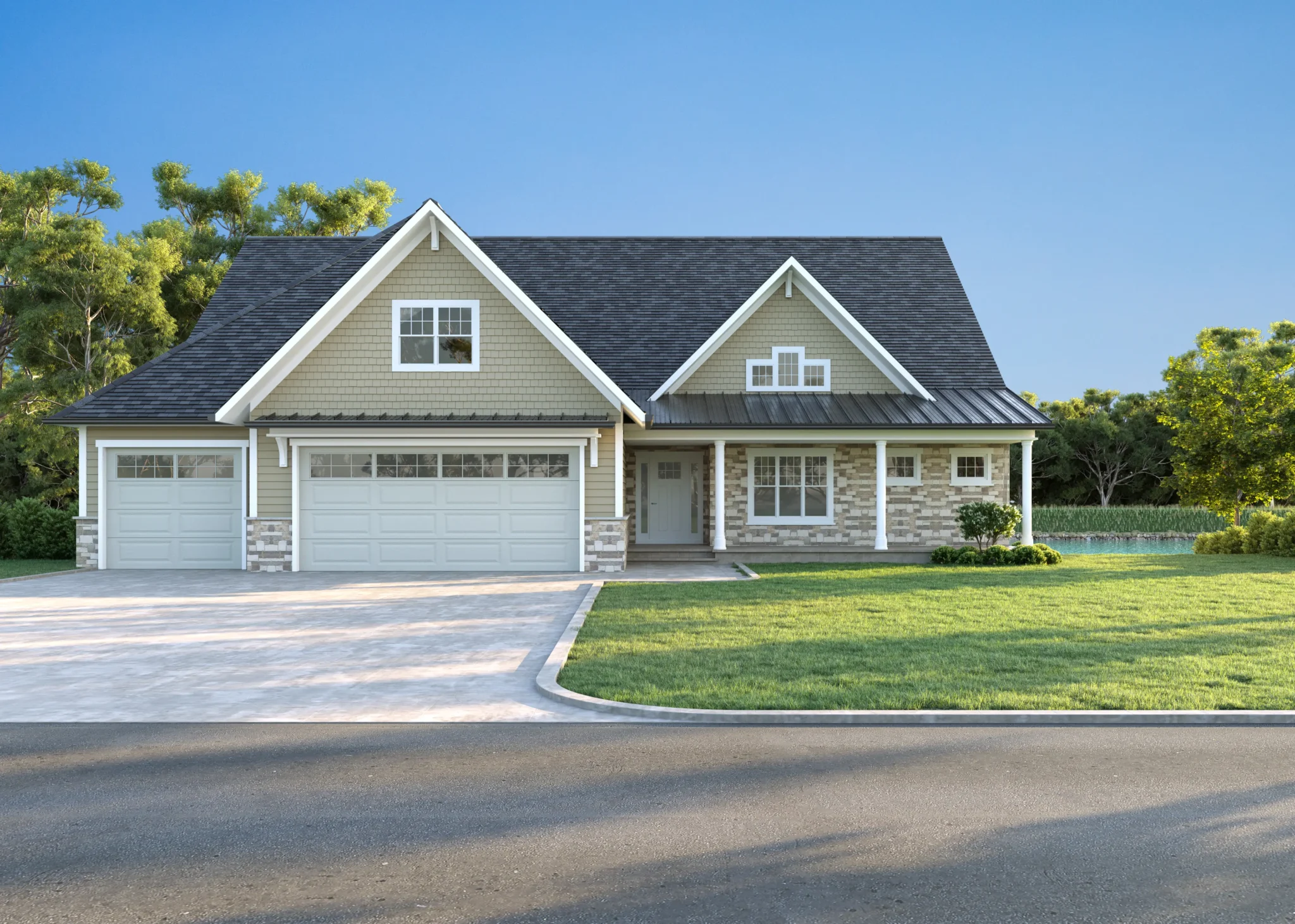 Suburban house with three-car garage, front lawn, and surrounding trees. Clear sky and a peaceful setting reflect a calm neighborhood scene.