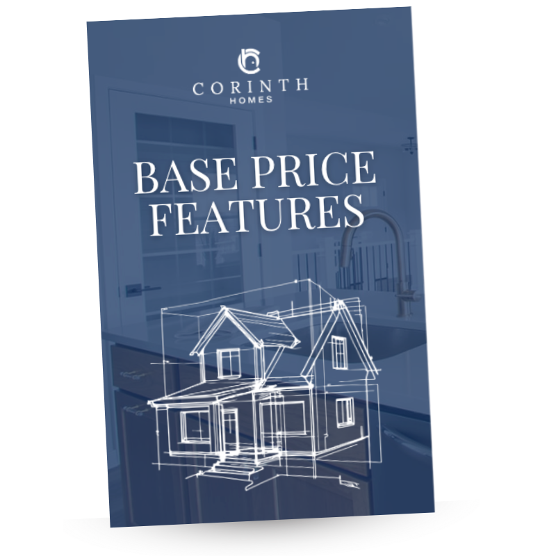 A brochure titled "Base Price Features" by Corinth Homes, featuring a blueprint sketch of a house on a blue background.
